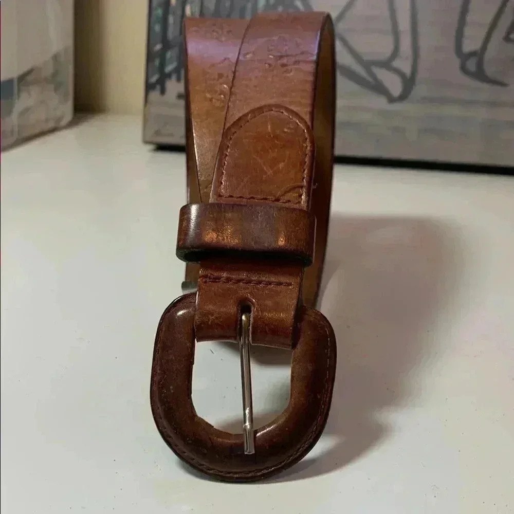 Vintage Dalmy’s Brown Embossed Thick, Rich Leather Belt and Buckle Size XS